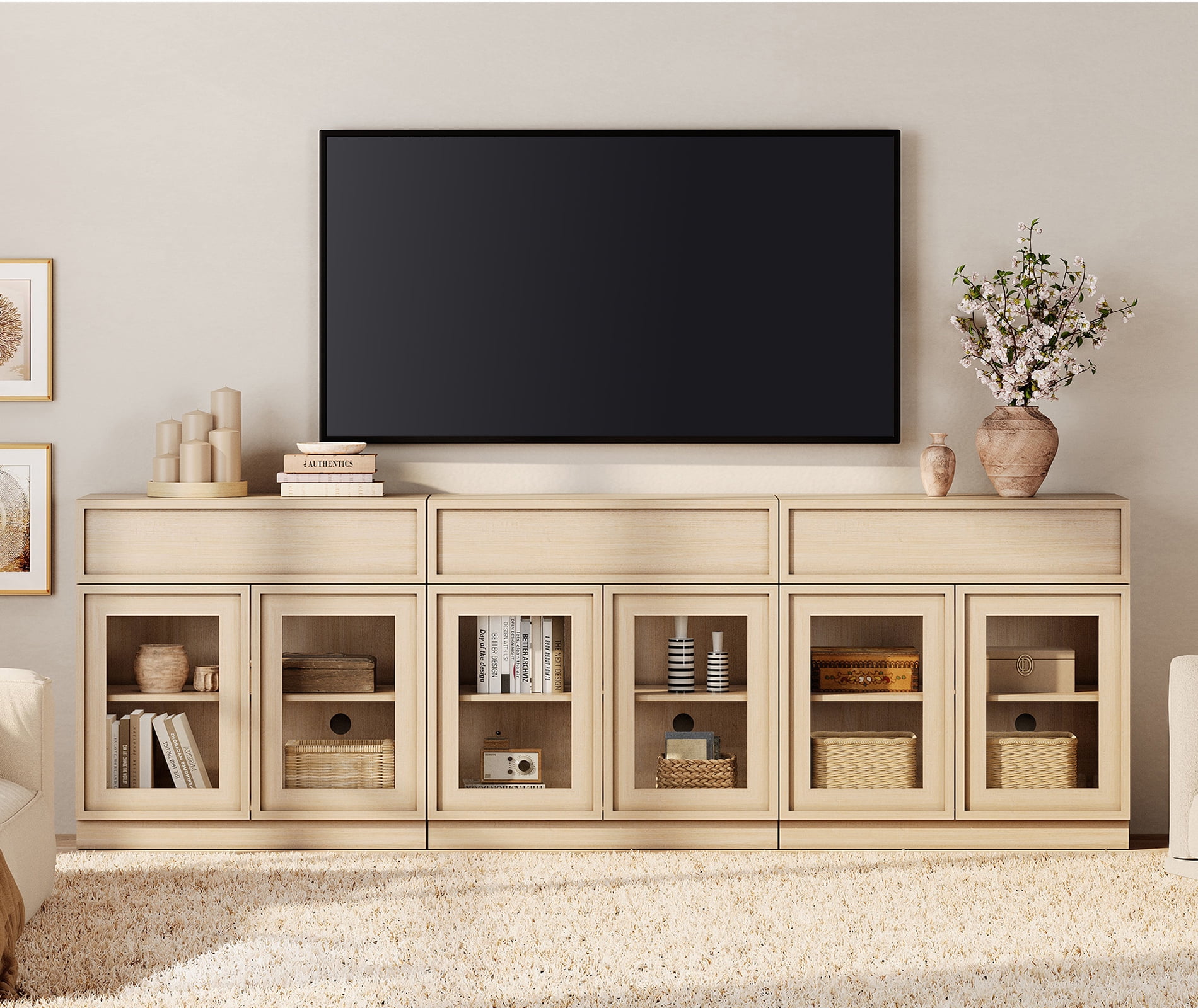 WAMPAT Modern TV Stand for TVs Up to 40", Wooden Entertainment Center TV Console with 6 Glass Doors and Drawers, Media Console Cabinet with Adjustable Shelf for Living Room, Bedroom, Beige