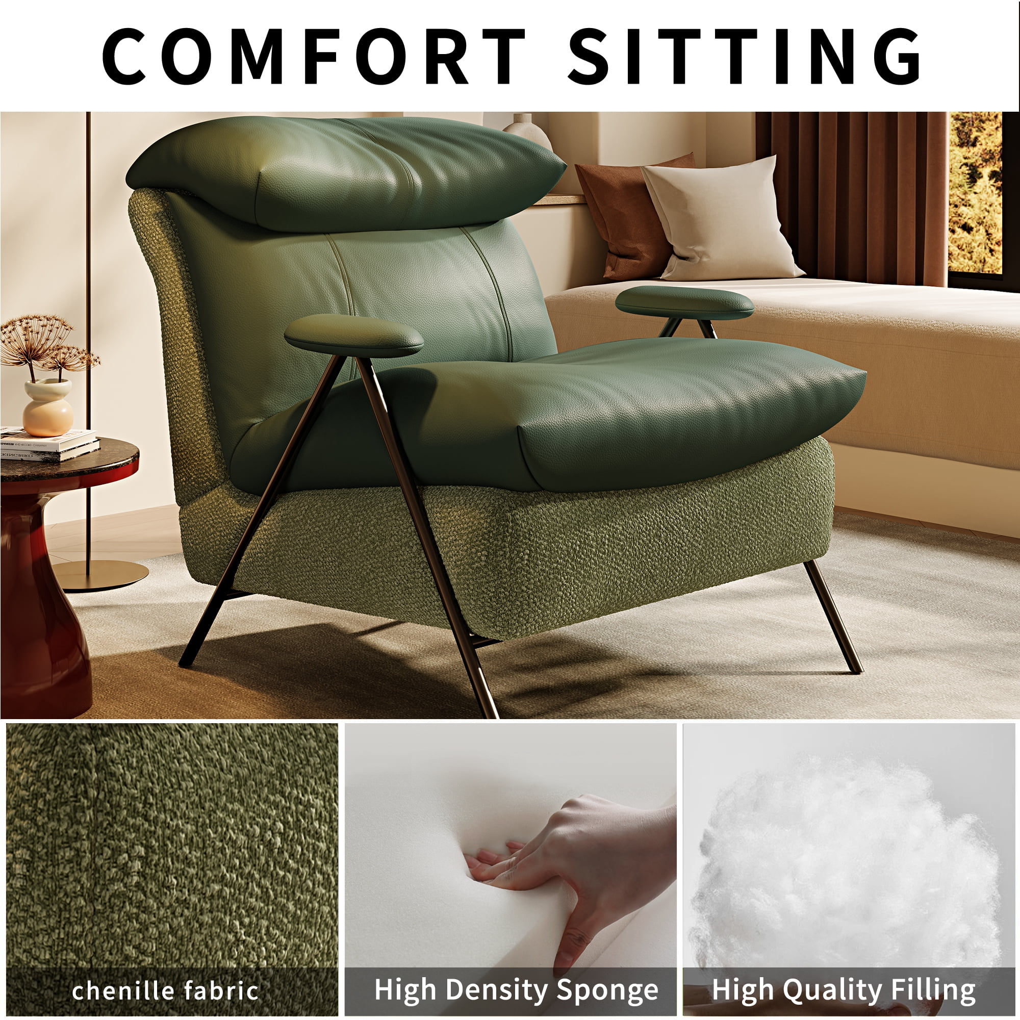 Howcool Modern Upholstered Accent Chair,Armchair with Wide Cushioned Seat,Ergonomic Lounge Chair with Solid Wood Frame for Living Room,Bedroom,Green