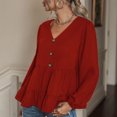 thumbnail image 4 of Blusa de mujer de manga larga de color puro con cuello en V y decoración de botones con dobladillo con volantes para el hogar, color rojo vino S, 4 of 8