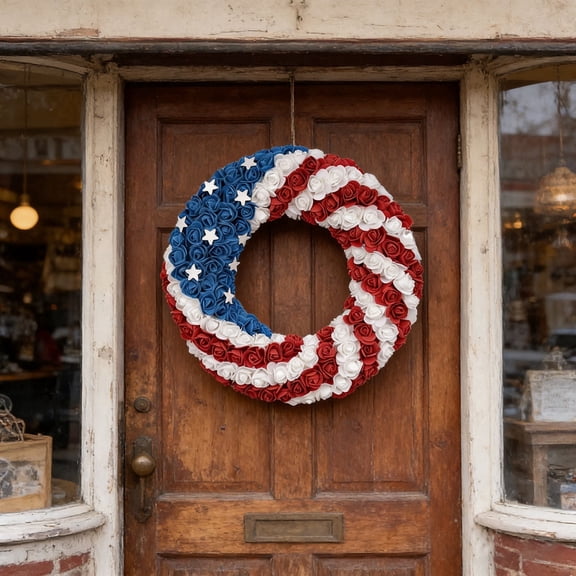 Dxssxc Patriotic Wreath for Front Door, Handcrafted American Flag Decoration, Memorial Day, July 4th, Veterans Day Decor, Indoor Outdoor Use, 28cm Round Wreath for Home, Window, or Wall