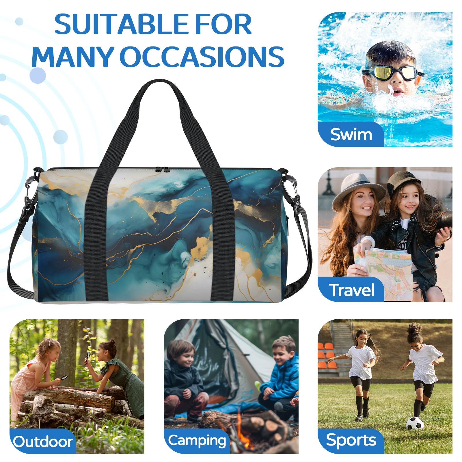 Herdesigns Dark Blue Marble Gym Bag for Women, Duffle Bag for Travel Sport, Lightweight Waterproof Carry on Weekender Overnight Dance Yoga Workout Bags