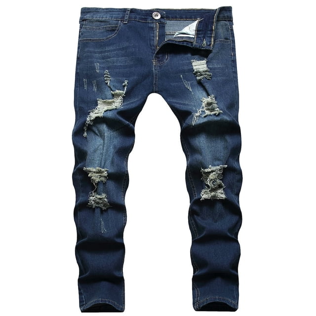 Men‘s Ripped Skinny Jeans Casual Male Slim Solid Color Long Trousers