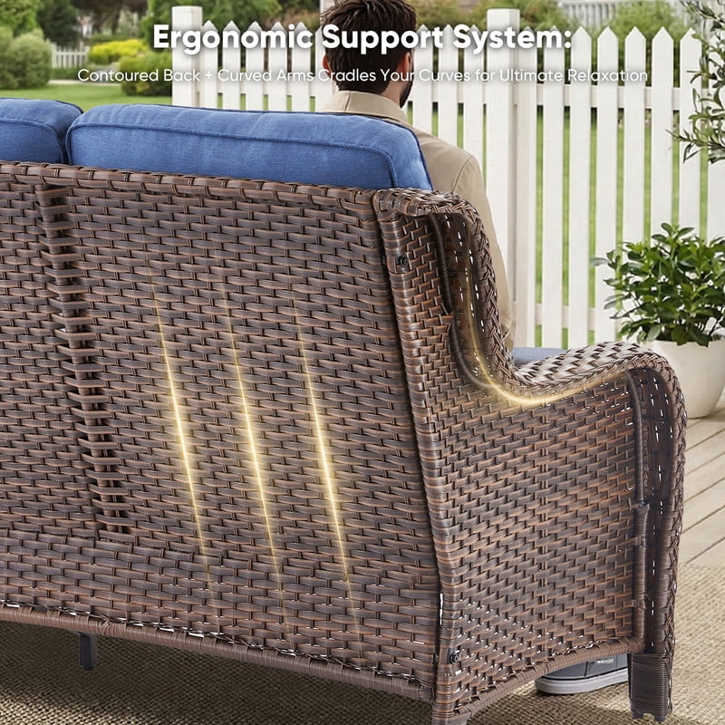 PARKWELL Outdoor Patio Wicker Furniture Set - 5 Piece Sectional Sofa Set with 3-Seat Sofa,2 Chairs and 2 Ottomans,Brown Wicker and Blue Cushion