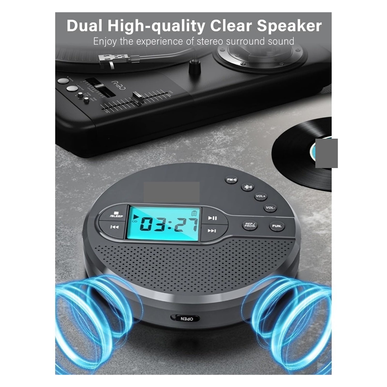 2000mAh Rechargeable CD Player with Bluetooth, FM, Headphones, LCD, AUX, Speaker