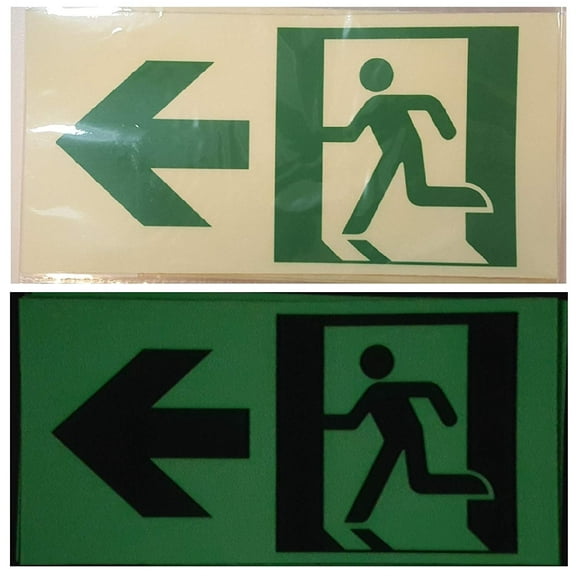 RUNNING MAN DOWN LEFT ARROW EXIT SIGN -Adhesive Sign (Photoluminescent ,High Intensity, Adhesive Sign 4.5X9 )