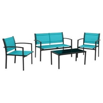 CorLiving SkyLine Steel Frame 4-Piece Patio Conversation Set with Teal Mesh Seats - Loveseat, Chairs and Glass Top Table, Outdoor Furniture