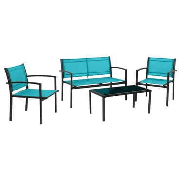 CorLiving SkyLine Steel Frame 4-Piece Patio Conversation Set with Teal Mesh Seats - Loveseat, Chairs and Glass Top Table, Outdoor Furniture