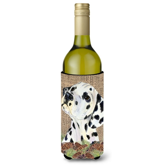 Dalmatian on Faux Burlap with Pine Cones Wine Bottle Hugger