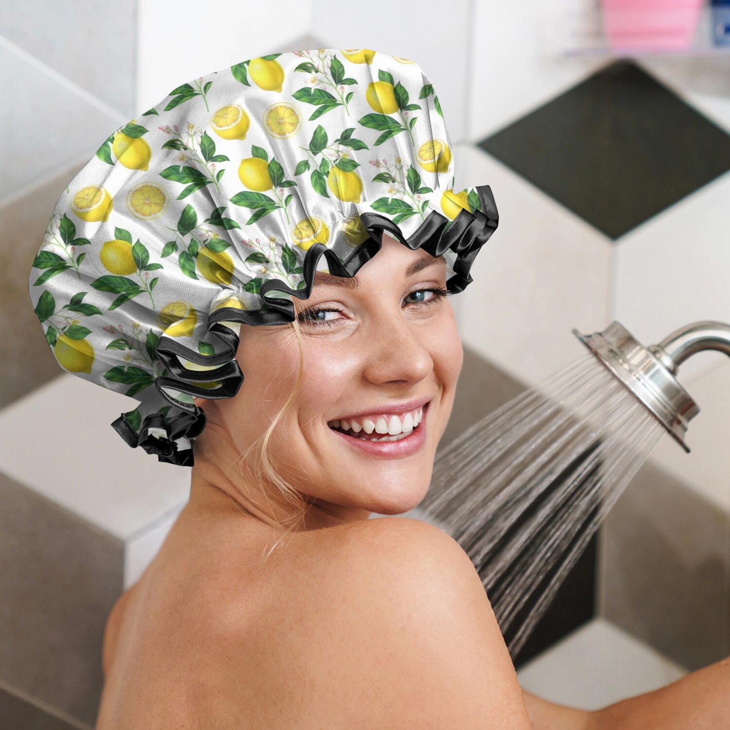 Shower Caps,Yellow Lemon Fruit Slices White Pattern Waterproof Shower Cap for Women 4 Pieces,Double Reusable Hair Cover for Shower PEVA Elastic Stretch Hem