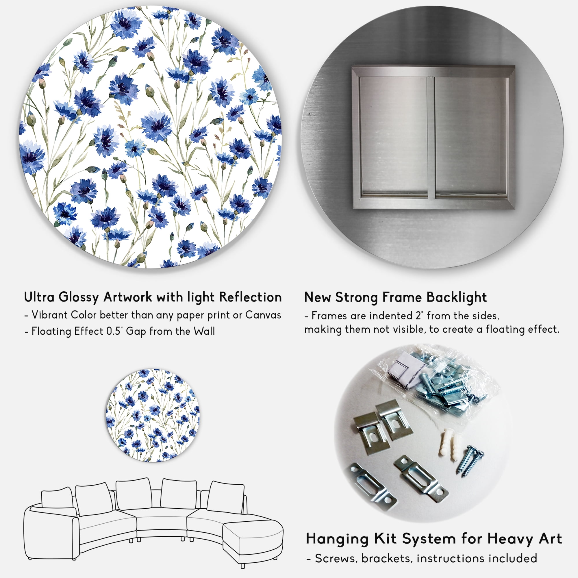 Designart 'Blue Wildflowers With Green Leaves On White' Traditional Circle Metal Wall Art 11x11 - Disc of 11