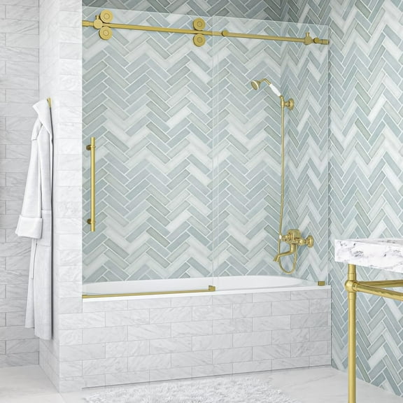 Seawin Cosmo 56 - 60 x 62 inches Frameless Sliding Bathtub Door 3/8 in. (10 mm) Clear Tempered Glass with NanoShield Coating Satin Gold