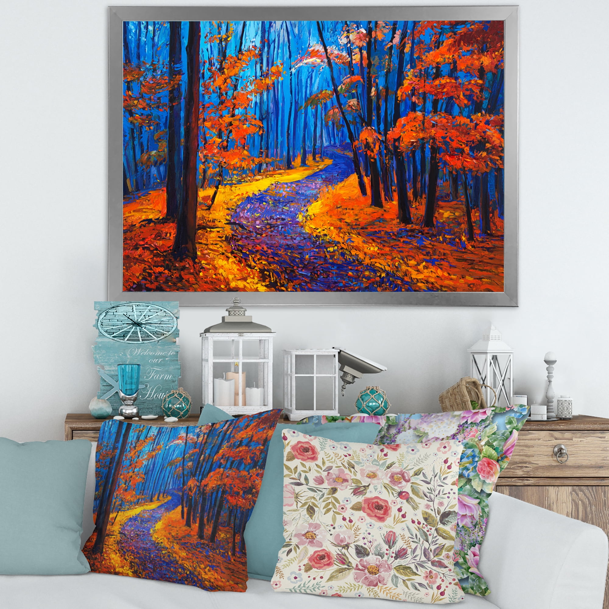 Designart 'Orange Autumn Landscape With Little Road I' Traditional Framed Art Print