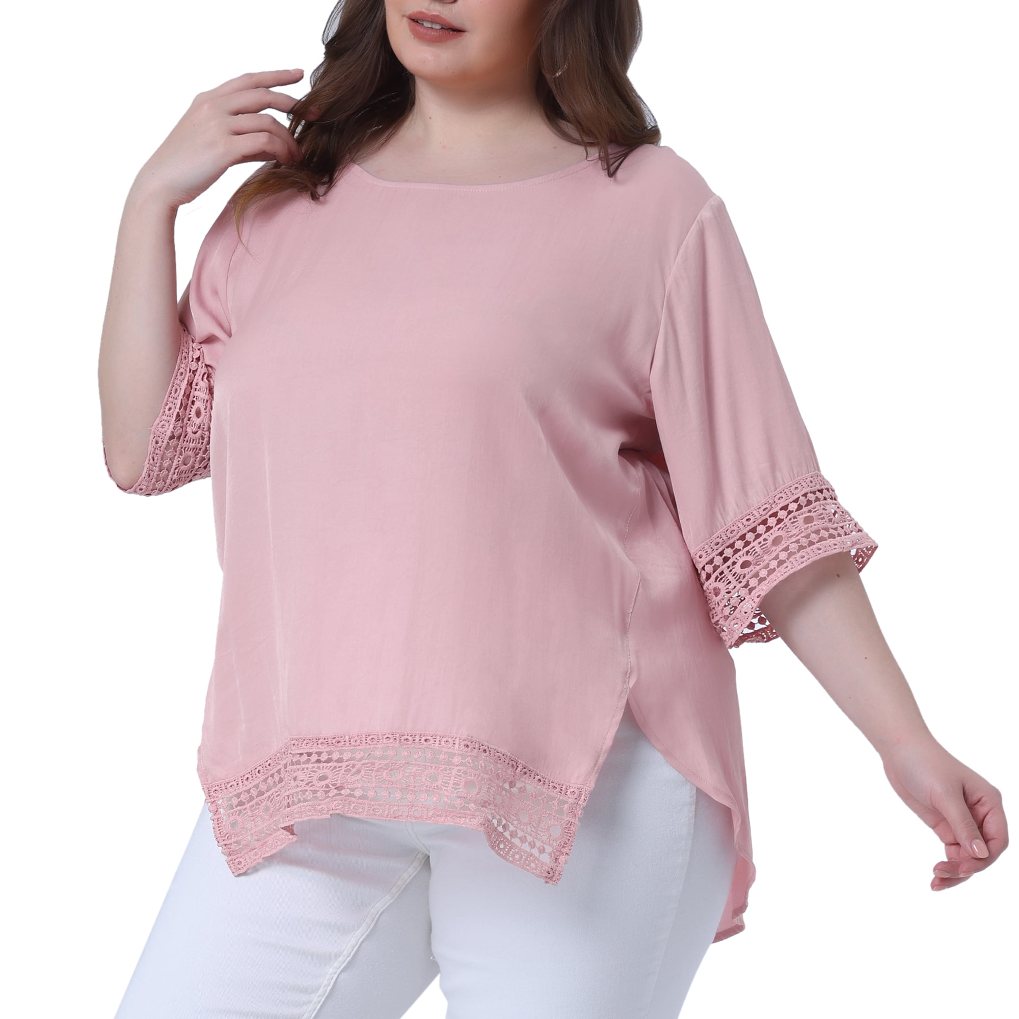 Women's Plus Summer Tops Lace Crochet Short Sleeve Casual Blouses 4X Light Pink