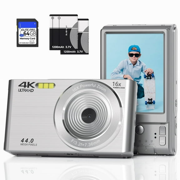 KEEPBERRY 4K Compact Digital Camera,Auto Focus 16x Zoom, 64GB TFCard, Lightweight, Silver, for Teens