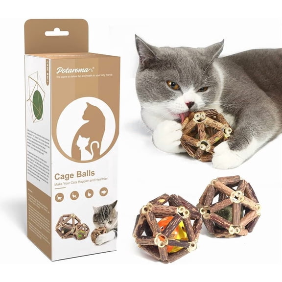 Potaroma 3-Pack Catnip Toys, Natural Silvervine Matatabi Chew Balls with Bells for Indoor Kittens, Teeth Cleaning, All Breeds
