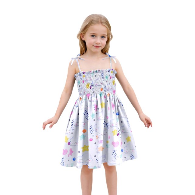 Robe Fille Bébé Été Imprimé Floral Robe à Bretelles Légère Décontractée avec Attaches Réglables pour Plage Robe Ado Fille Blanche 4 Ans-5 Ans