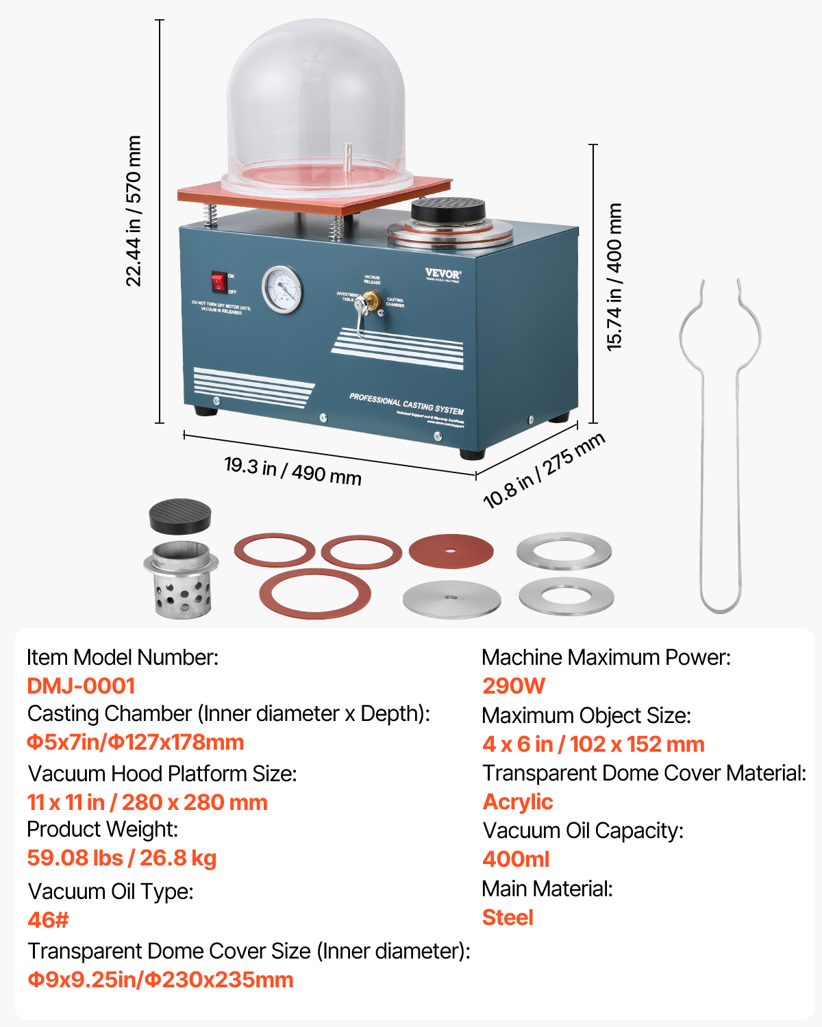 VEVOR Vacuum Investing Casting Machine, 290W Power, with 3 CFM Pump and Bell Jar, Convenient Oil Injection Port, Precision Pressure Gauge, 11 x 11 in Workbench, Casting Machine for Jewelry and Metal