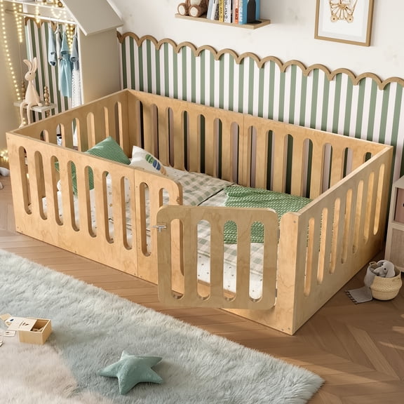 URTR Twin Size Montessori Floor Bed with High Fence and Door, Wooden Low-profile Twin Floor Bed Frame for Bedroom, Natural