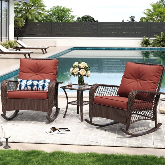 MRUAKA Outdoor Rocking Chairs Set of 3, Wicker Patio Furniture with Thickened Cushions and Table for Porch，350lbs Weight Capacity(Red)