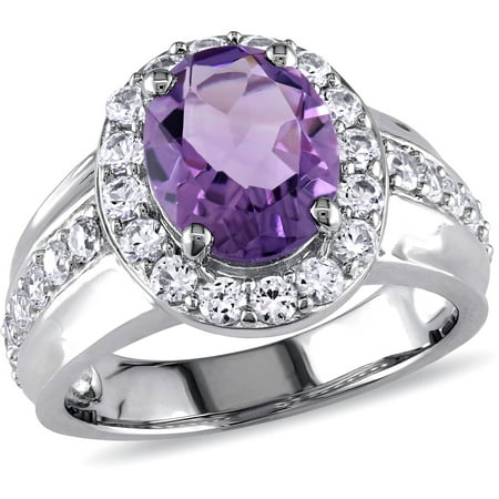 3-3/8 Carat T.G.W. Amethyst and Created White Sapphire Sterling Silver Halo Cocktail Ring