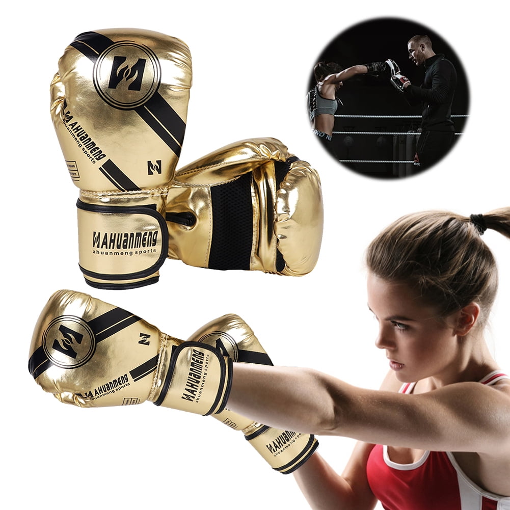 Muay Thai Competition Gloves PU Leather Adjustable  Professional MMA Kickboxing Boxing Gloves Breathable Comfortable Fighting Taekwondo Mitts for Adults(Gold)