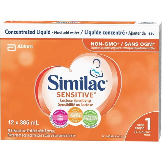 Similac Sensitive, Non-GMO Lactose Sensitivity Baby Formula, Infant Formula, 0+ Months, 12x385mL Concentrated Liquid Cans