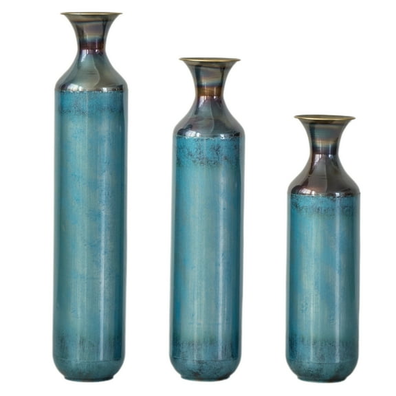 Lisonu Modern Droplet-Shaped Floor Vase Set – Aqua Blue Glazed Metal Decorative Vases – 3-Piece Home Decor in 20.4 In, 24.4 In & 28.34 In Heights