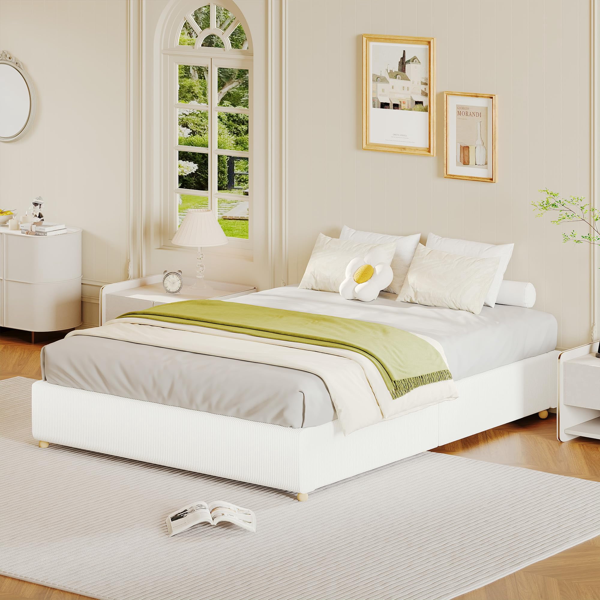 QUEEN Cloud Bed Frame. Teddy Fleece / Corduroy Upholstered Platform Bed with  Wood Legs, No Box Spring, Easy Assembly