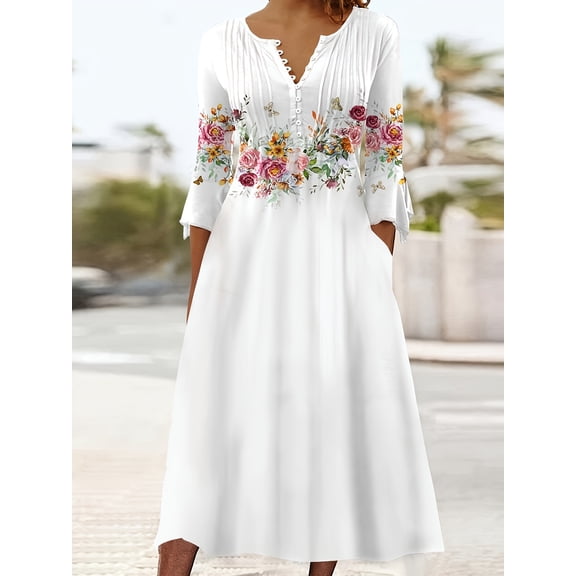 Nyfairy Women's Plus 3/4 Sleeve Floral Print V Neck Midi Dress with Pockets