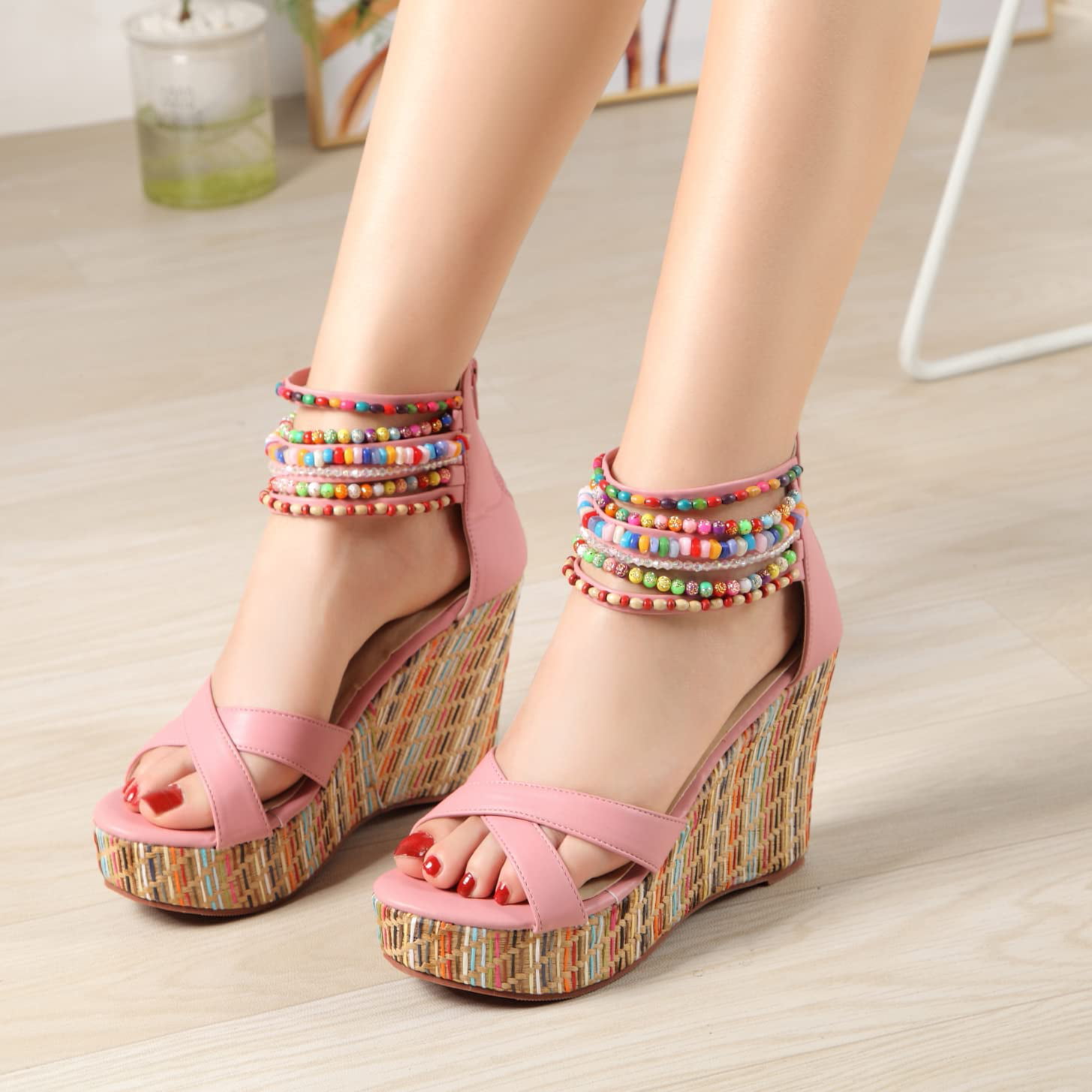 New Women Sandals Shoes Summer Wedges High Heels Fashion Ladies Peep Toe  Buckle Strap Stretch Fabric Ankle Strap Female Shoes
