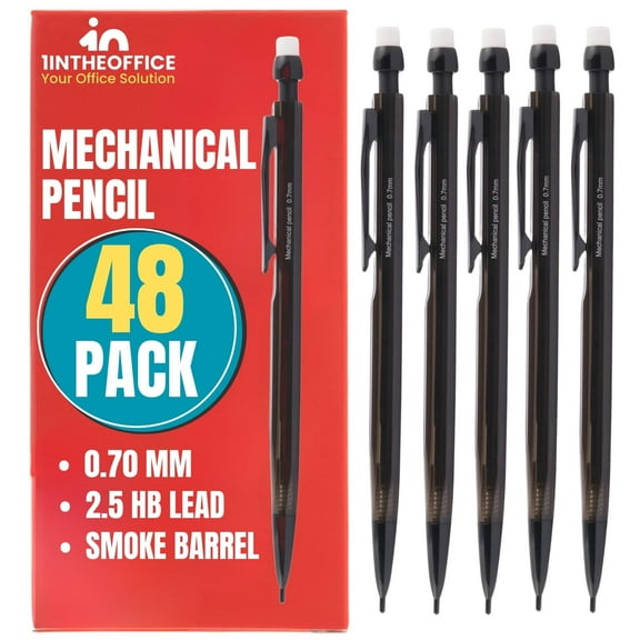 1InTheOffice Mechanical Pencils 0.7mm, #2.5, HB Lead , Black Lead, Smoke Barrel 48 Pack