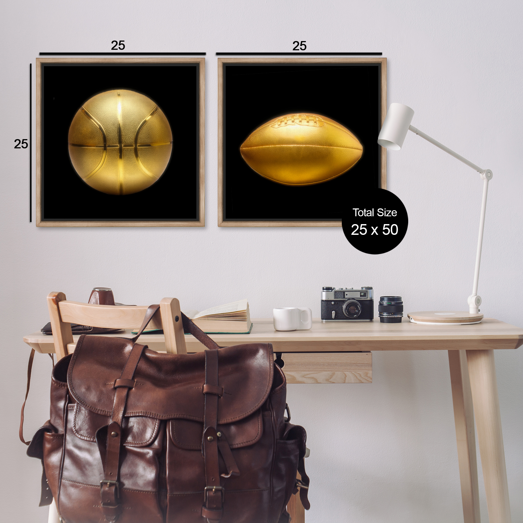 Stupell Industries Golden Designer Sports Balls Sports Painting Brown Floater Framed Canvas Art Print Wall Art, 25 x 25, Set of 2