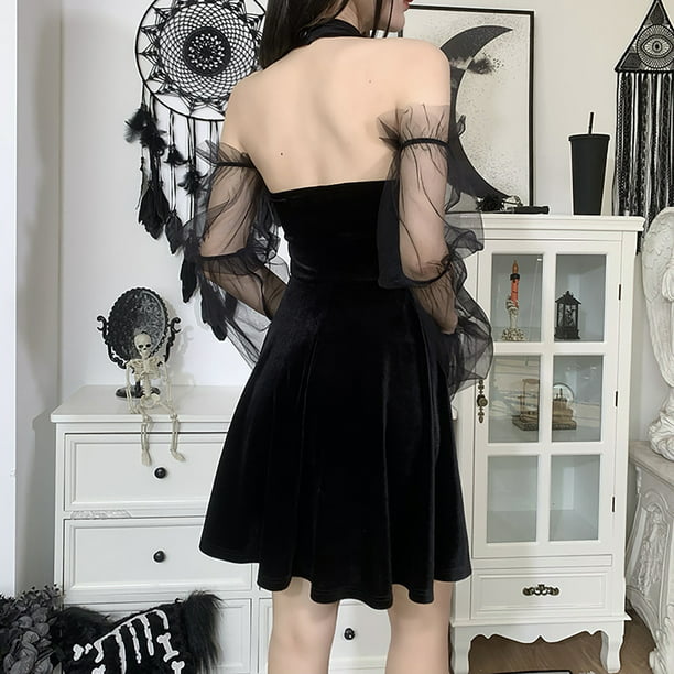  Women's Gothic Punk Mini Dresses Vintage Puff SleeveLace  Patchwork A Line Swing Goth Lolita Dress Black (Black, Large) : Clothing,  Shoes & Jewelry