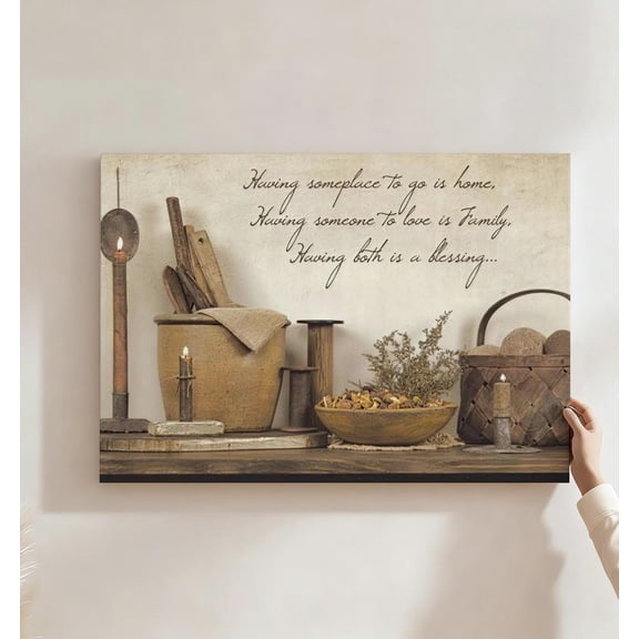 Home & Family Blessing Rustic Canvas Wall Art, Farmhouse Kitchen Decor, Vintage Candle & Wooden Bowl Artwork For Living Room, Entryway, Ready To Hang
