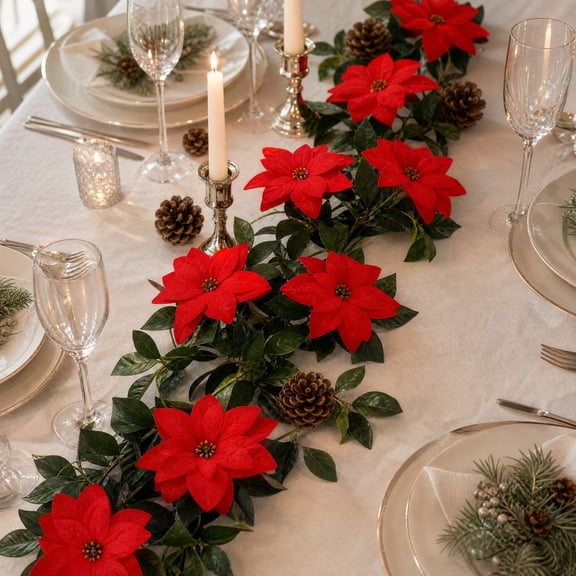 SHENGXINY Christmas Garland, Artificial Red Poinsettia Garland Fabric Flower Vine for Fireplace Mantel Stair Holiday Decor