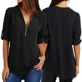 thumbnail image 4 of Women's V Neck Zip Cuffed Sleeve Flowy Business Casual Work Tunic Tops Shirts Blouse, 4 of 5