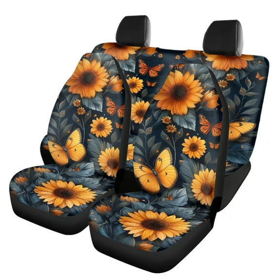 Tutolipy Butterfly Sunflower Print 4 Pcs Car Seat Cover Full Set for Women Men, Comfortable Breathable Front Rear Seat Protector, Universal Auto Seat Cover for Truck SUV Sedan Vehicle
