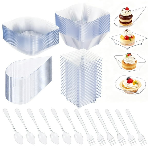 200 PCS Mini Appetizer Plates Set, Small Clear Plastic Dessert Plates Set, Including 4 Styles of Appetizer Bowls, Spoons, Forks, Disposable Mini Dessert Plates for Parties, Weddings, Buffets