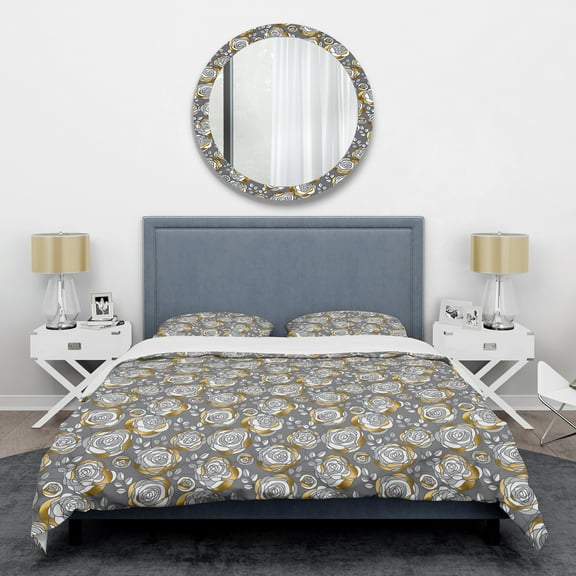 Designart 'Golden Rose Flowers ' Mid-Century Modern Duvet Cover Set