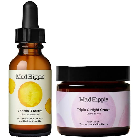 Mad Hippie Sérum à la Vitamine C pour le Visage avec Acide Hyaluronique et Crème de Nuit Triple C, Hydratant au Céramide - Ensemble de Soins de la Peau Éclaircissant (Ensemble de 2 Pcs)