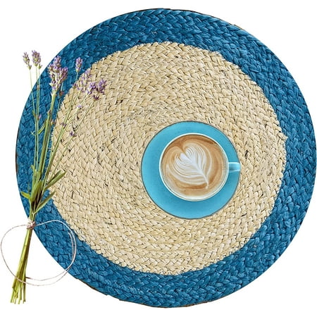 

Nature4u 100% Jute Hand Braided Placemat Set Rustic Vintage Farmhouse Table top & Dining Table Round Placemat for Parties (14” Diameter Natural /Blue) Set of 4 & 6 (6)