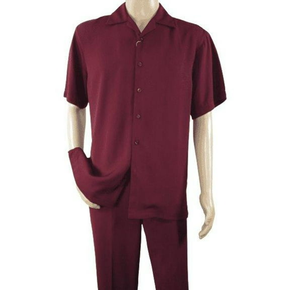 Men INSERCH 2pc Walking Leisure Suit Shirt Pants Set Short Sleeves 9356 Burgundy