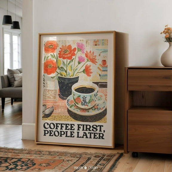 Zuno Coffee First, Retro Wall Art, Downloadable Art, Coffee Cart Print, Coffee Lover Decor, Trendy Retro Poster, Maximalist Wall Art, 8x12 UNFRAMED