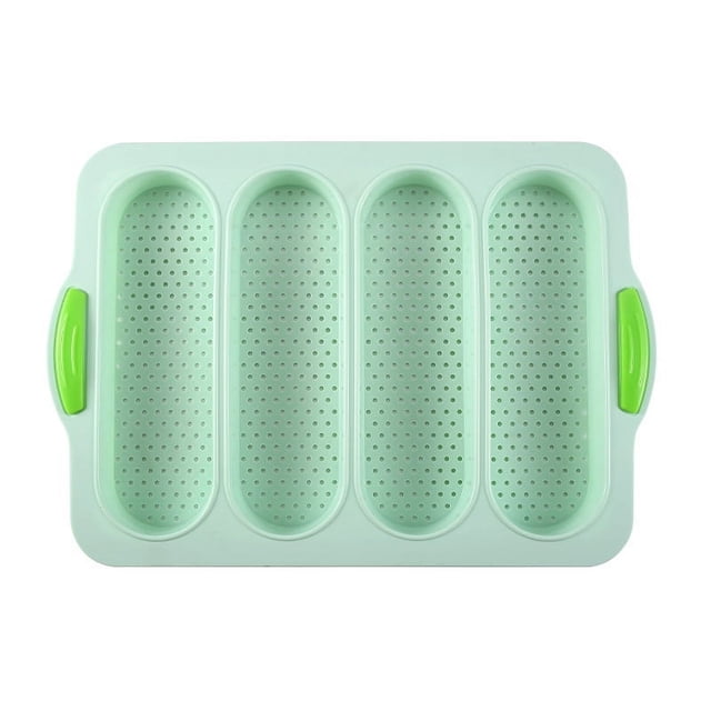 4-Cavity Rectangular Silicone Baking Mold: Food-Grade, Non-Stick Tool for Baking Baguettes, Bread & Cakes – Efficient Oven Use with Easy Release & Uniform Heat Distribution (Aqua Green)