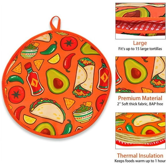 Tortilla Warmer Pouch 12 Inch Insulated & Microwaveable Fabric Tortilla Keeper Holder, Keeps Warm for Corn Flour Taco Pizza Bread up to One Hour