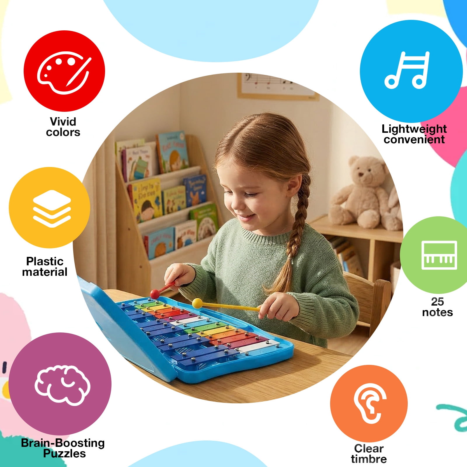 Grusce 25 Tone Xylophone Glockenspiel Colorful Wooden Xylophone with 2 Mallet Music Instrument for Beginner and Music Education