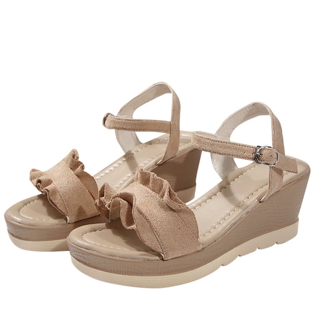 Wedge Sandals for Women Platform Ankle Buckle Strap Open Toe Lace Decor Summer Heeled Sandals Beige