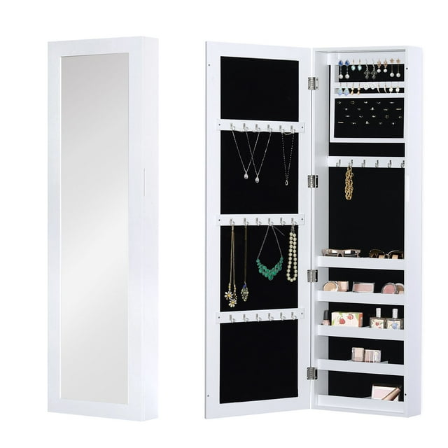 Wall-Mounted Jewelry Armoire: With Full-Length Mirror Storage Organizer, White