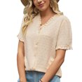 thumbnail image 1 of Estrela Blusa de manga corta para mujer con cuello en V y botones con volantes Blusa de manga corta a la moda para trabajar Albaricoque L, 1 of 6