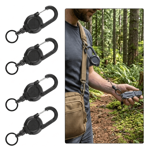 ROSEXIXI Heavy Duty Retractable Keychain, 4-Pack Black 24" Steel Wire Lanyard - Tactical Carabiner Key Chain for Camping, Hiking, Fishing, Anti-Theft Phone Tether and More